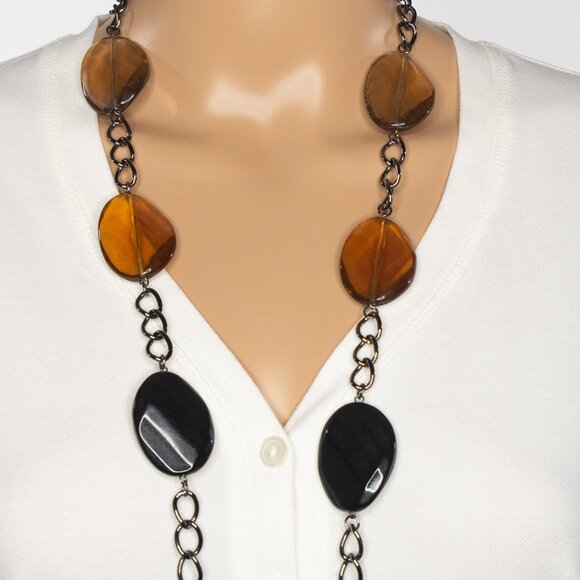 Brown/Amber Black And Spotted Large‎ Beads On A Dark Chain Necklace - Picture 5 of 10